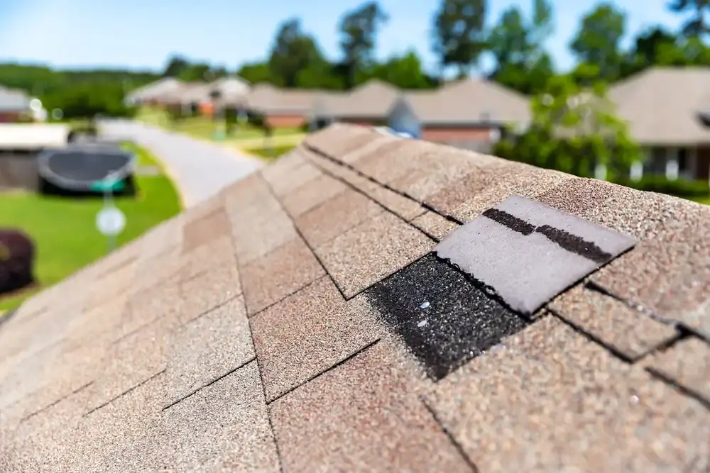 Asphalt shingle roof with one shingle torn away, exposing the layer beneath