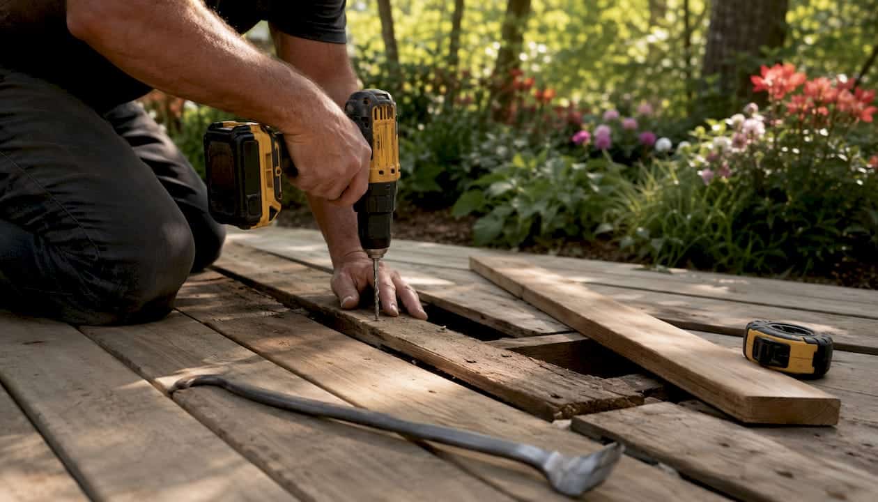 Hands repairing deck board with drill
