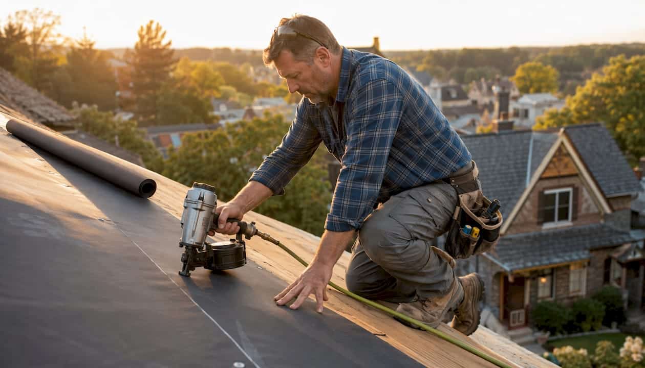 Roofer installing synthetic sheet underlayment on roof