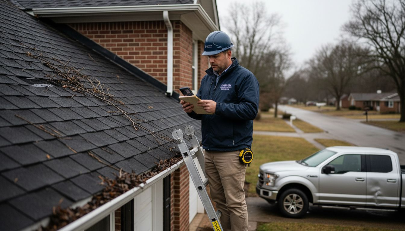Insurance adjuster documents post-storm roof inspection