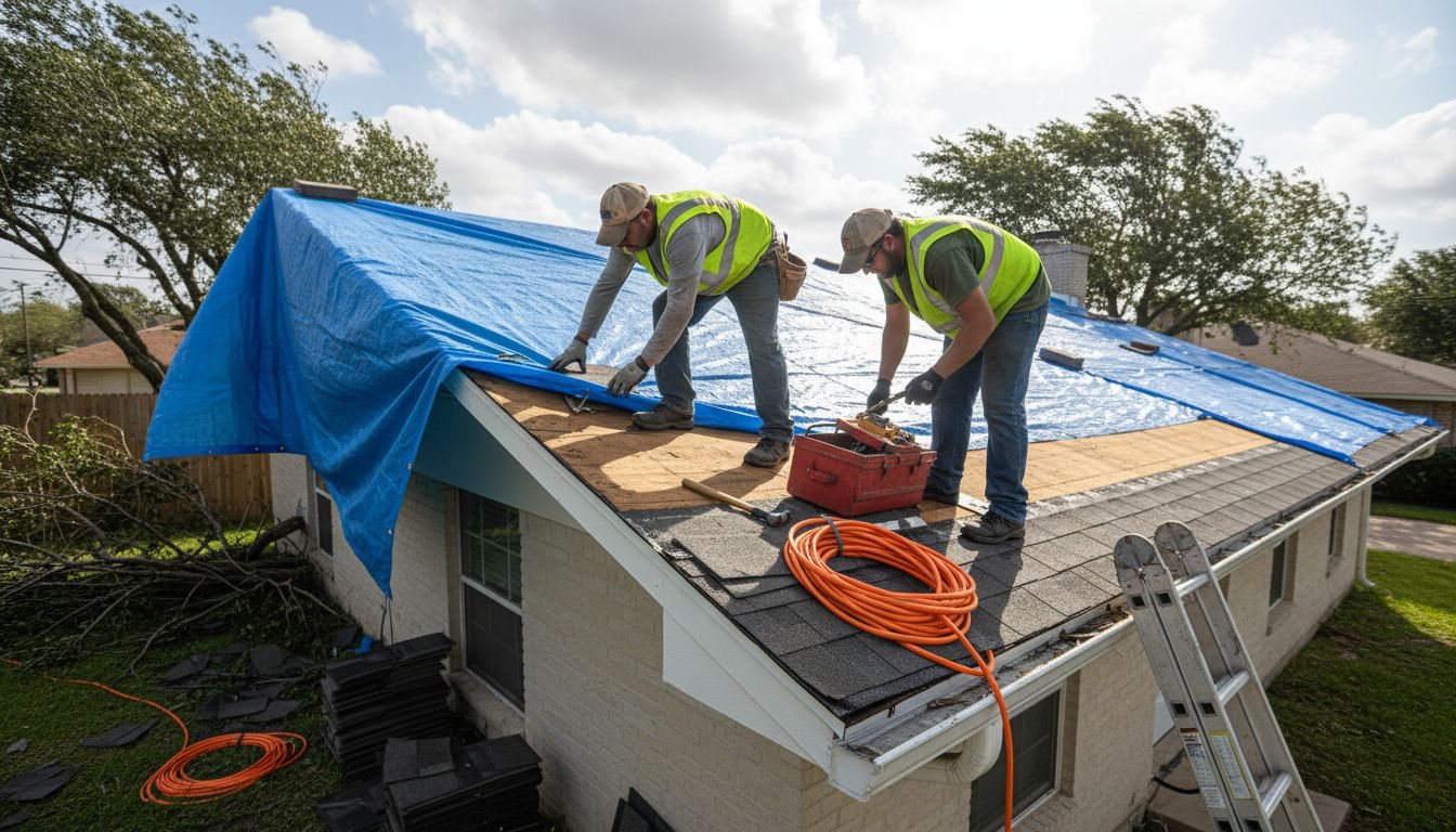 Roofers repairing wind-damaged Texas roof