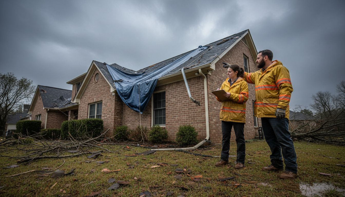 Home and crew inspecting roof storm damage