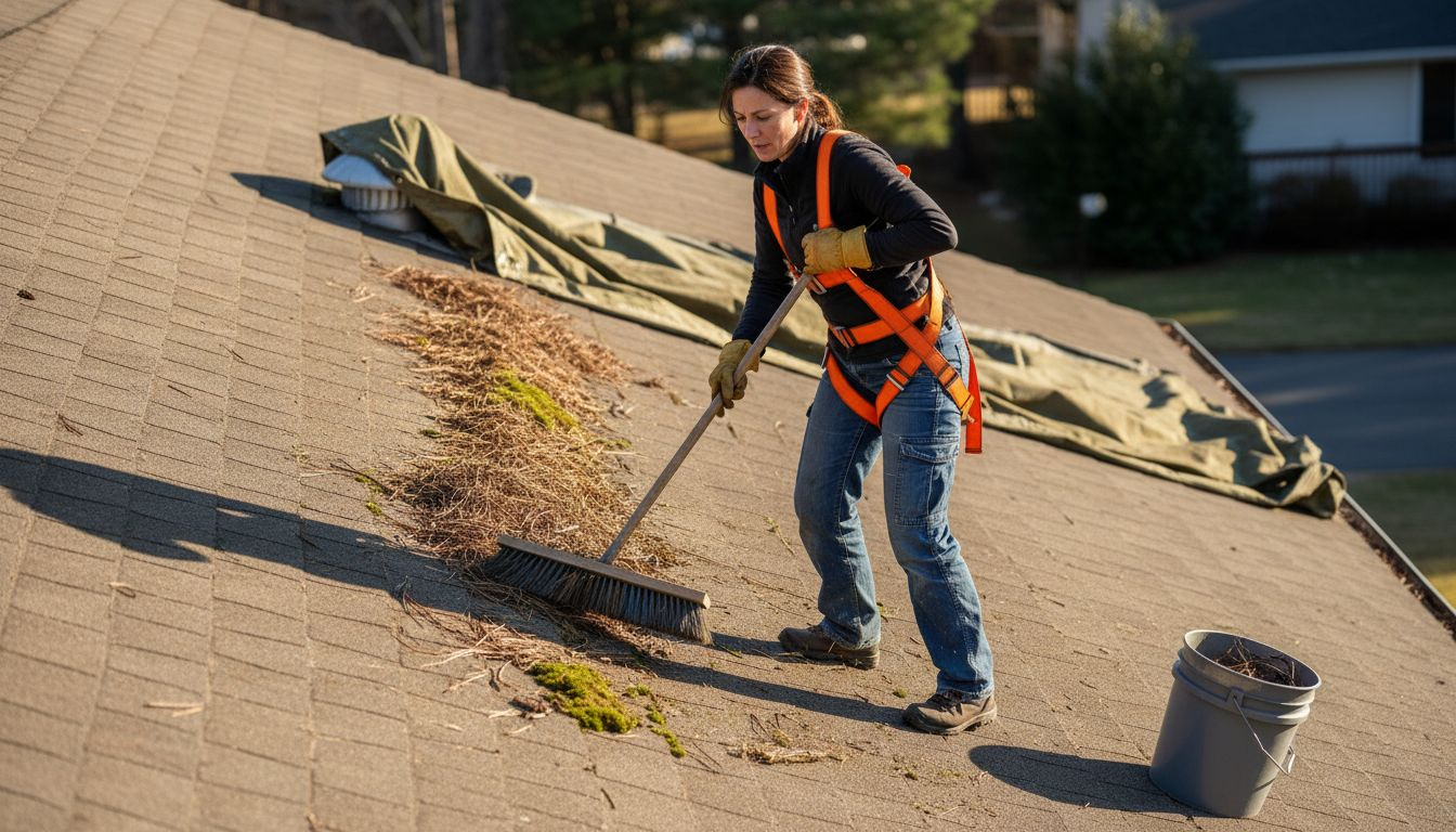 Woman cleaning roof surface safely