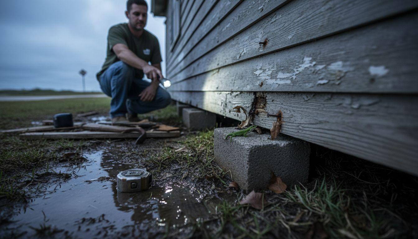 Contractor inspects gaps in damaged siding
