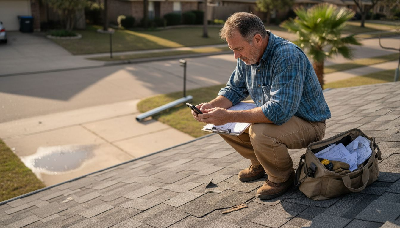 Insurance adjuster photographing Corpus Christi roof damage