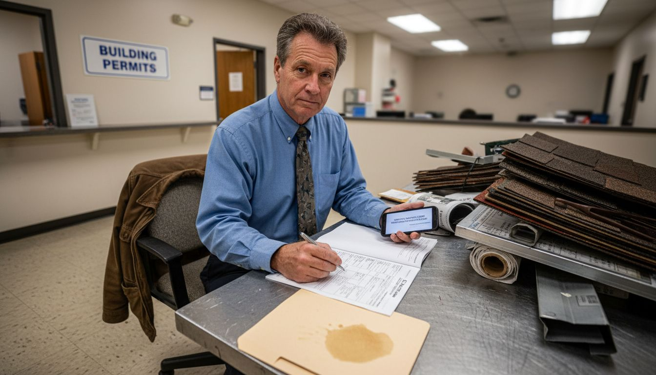 Manager reviewing Texas roofing materials and permits