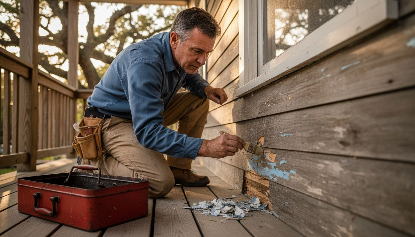 Man applying sealant to aging wood siding