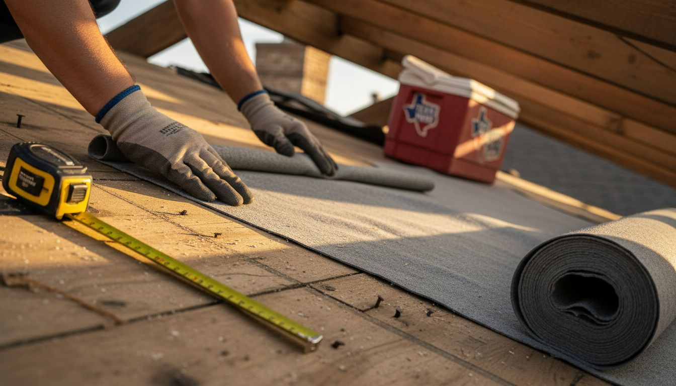 Hands installing synthetic roofing underlayment