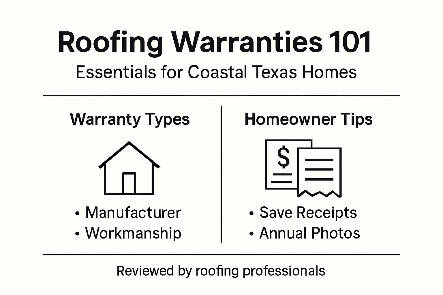Infographic showing types and tips for roofing warranties