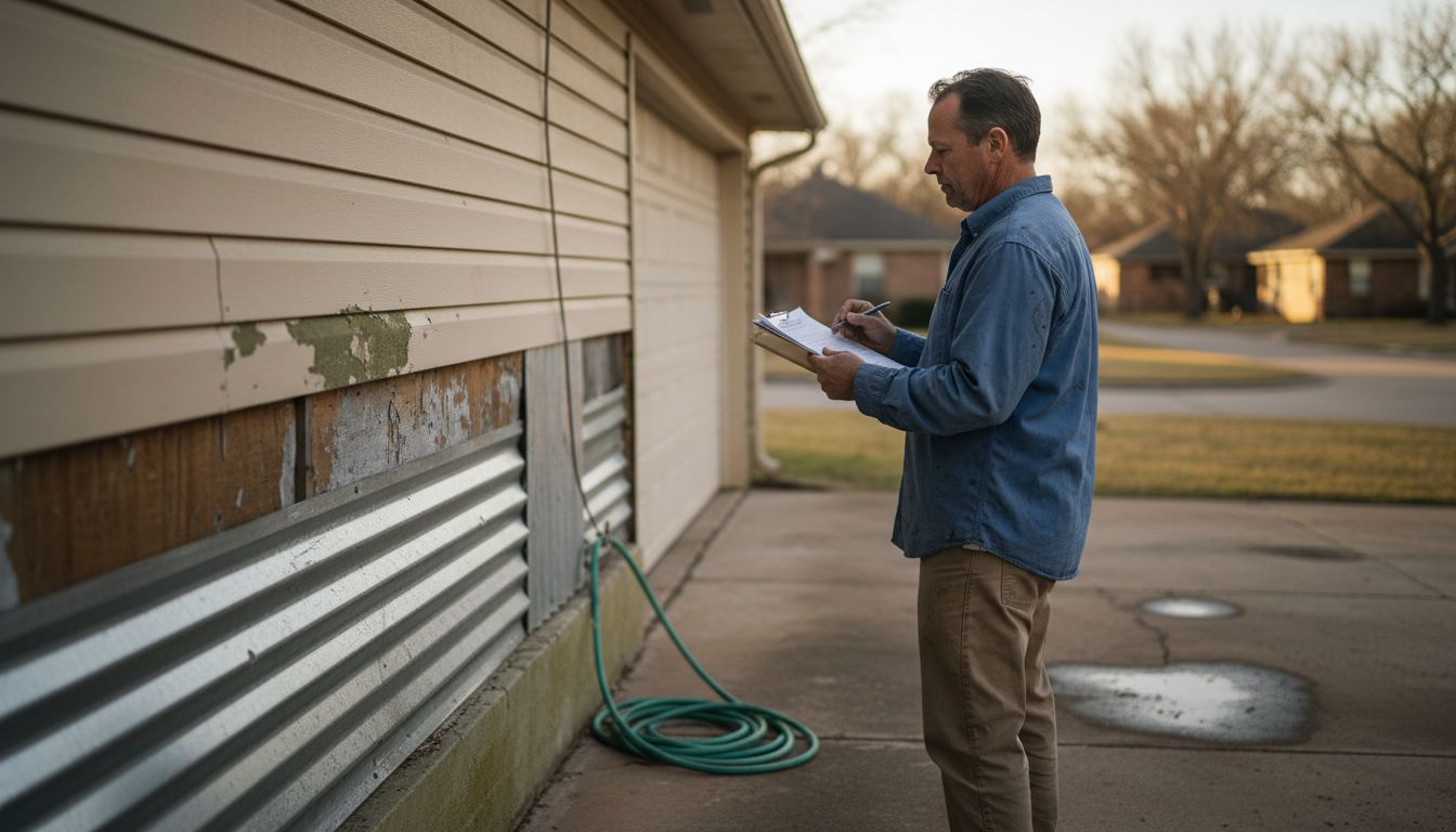 Contractor inspecting Texas garage siding