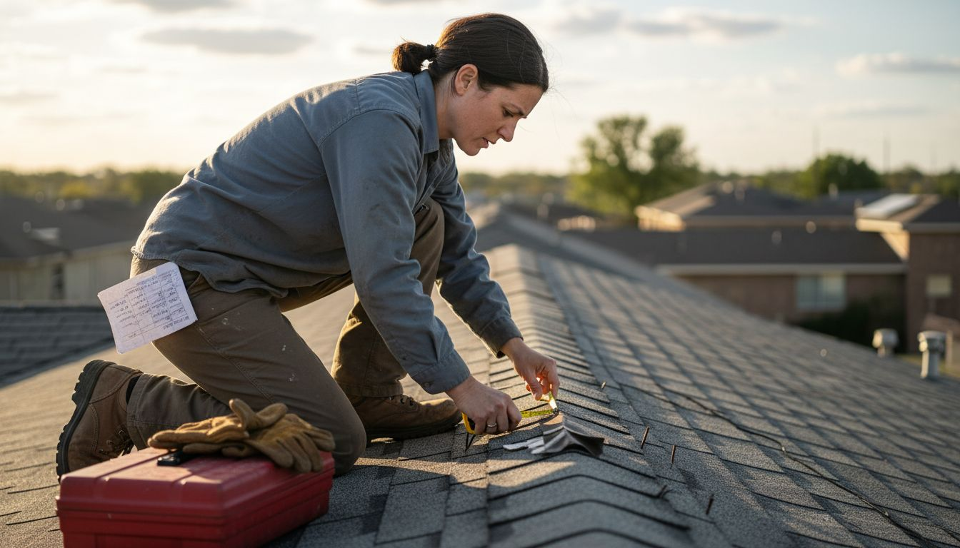 Inspector checks shingles and flashing damage