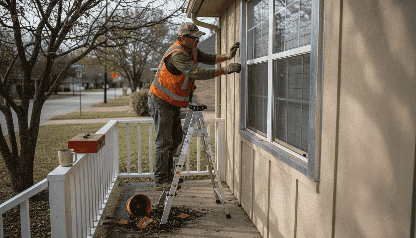 Contractor inspects storm-resistant house panels