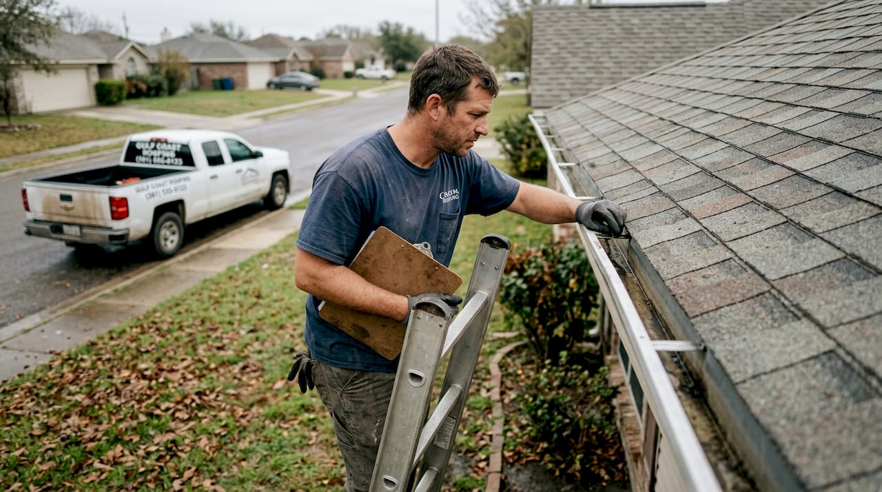 Roof inspector checking flashing on Texas home