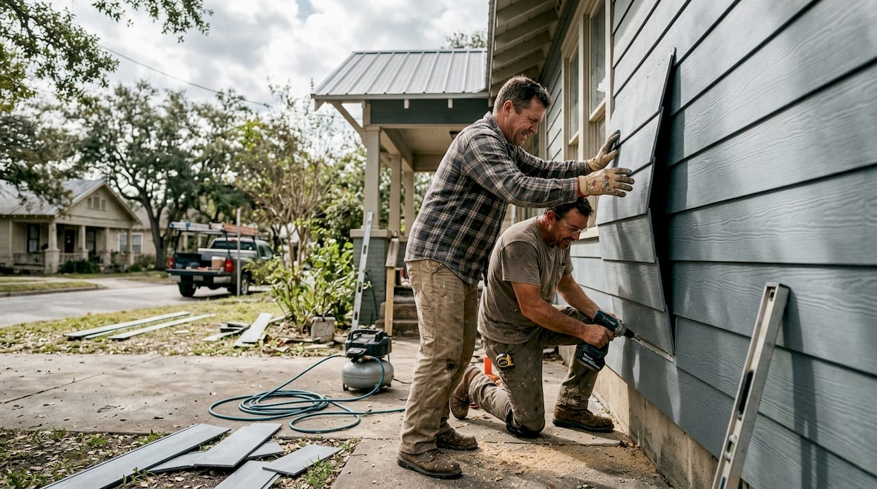 Installers attaching fiber cement siding panels
