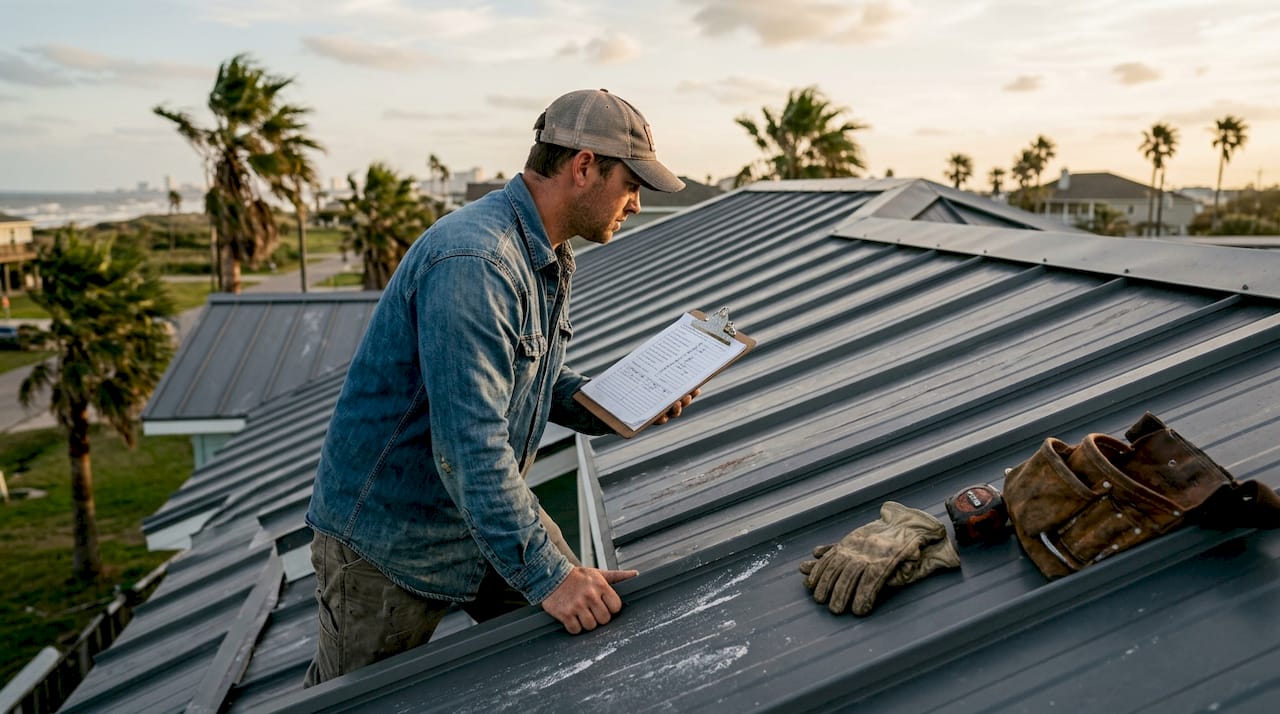 Roofer inspecting impact-resistant metal roof