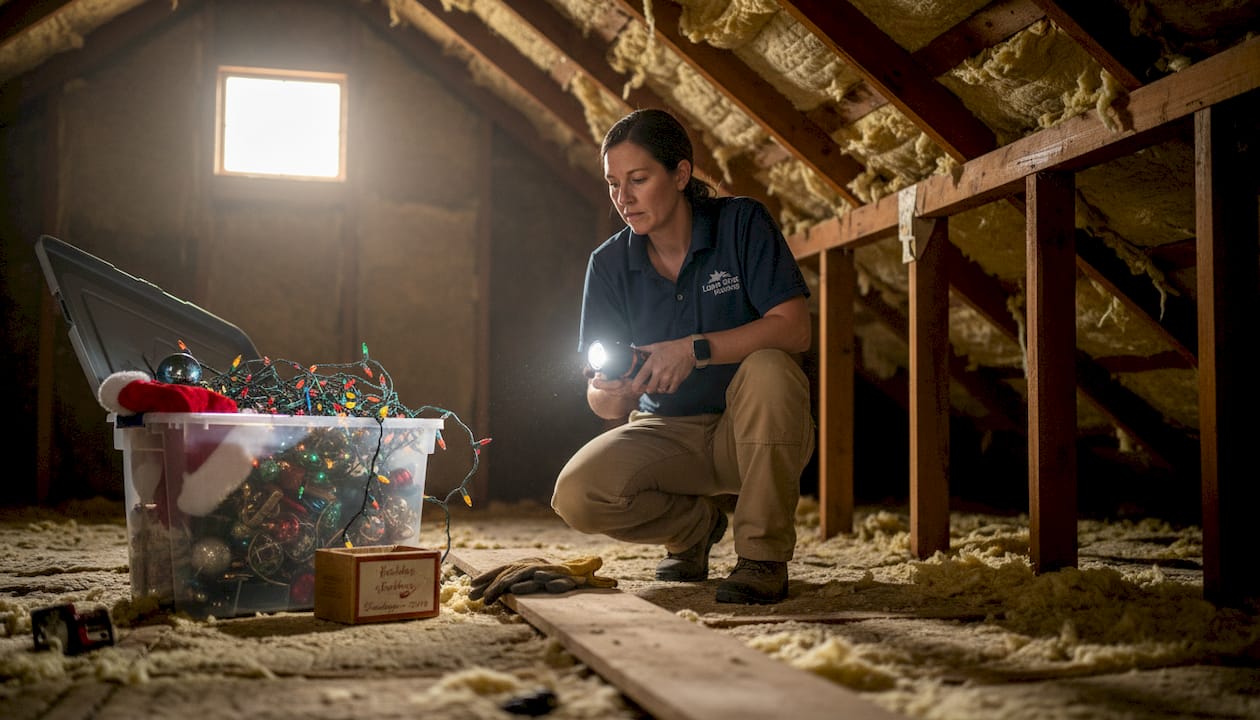 Contractor checks attic beams for moisture