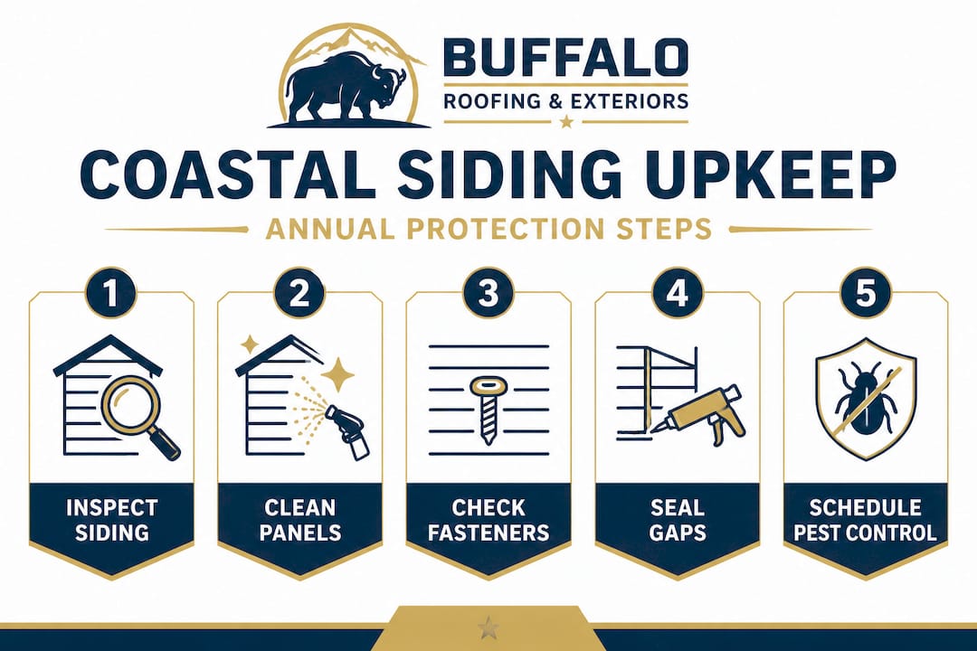 Infographic showing annual coastal siding upkeep steps