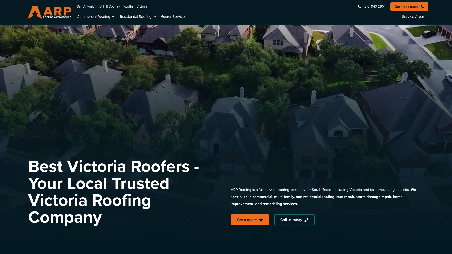 Screenshot of the ARP Roofing homepage: "Best Victoria Roofers" over an aerial view of homes