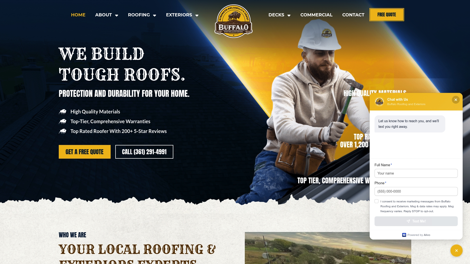 Screenshot of the Buffalo Roofing & Exteriors homepage: "We Build Tough Roofs" with a roofer holding a hammer