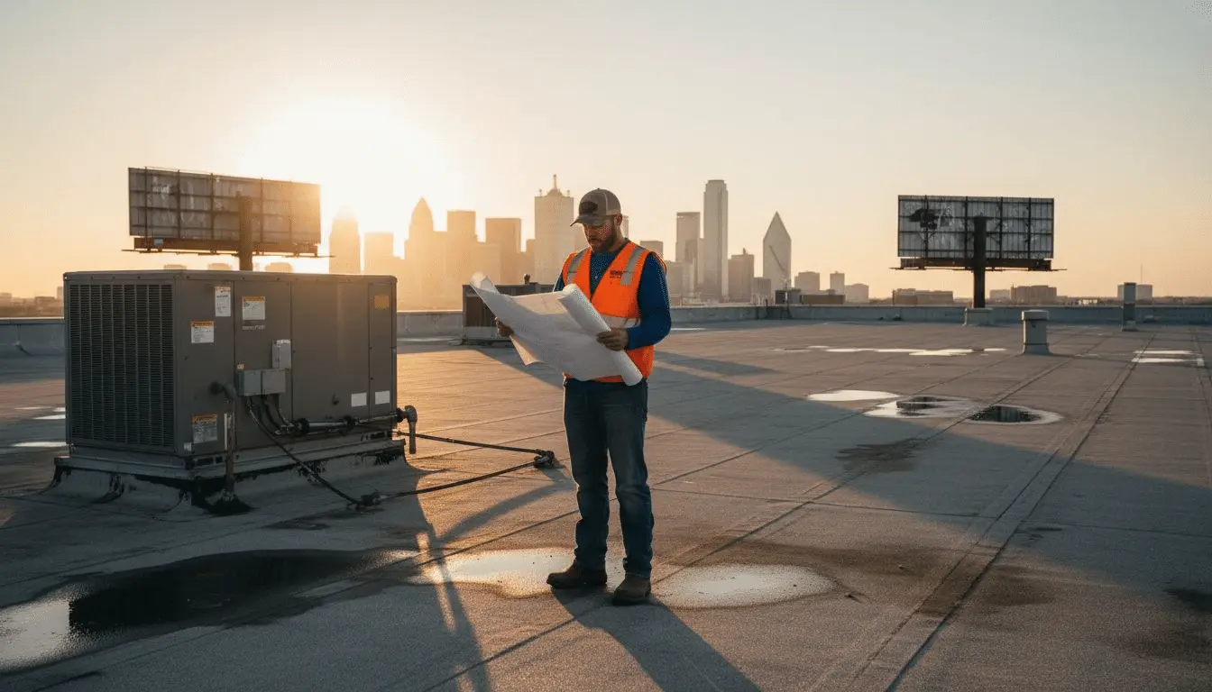 Contractor holding plans on a flat commercial rooftop with HVAC unit and city skyline at sunset