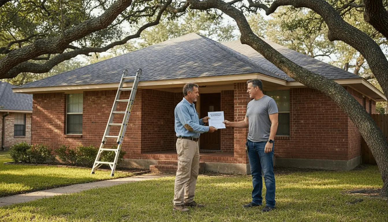 Contractor handing a homeowner a document in front of a brick house with a ladder