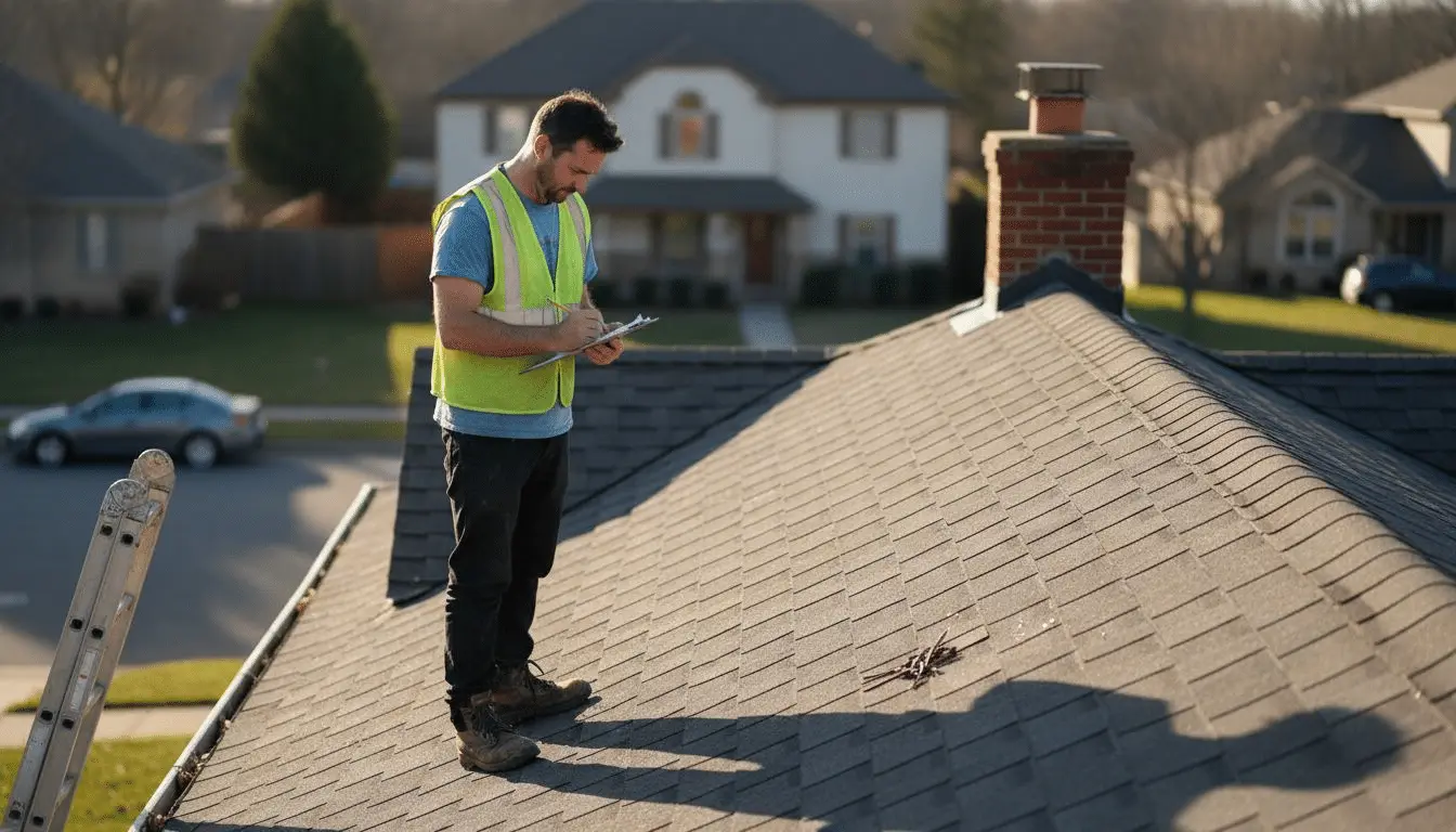 Inspector in a safety vest taking notes on a clipboard while standing on a shingle roof near a brick chimney