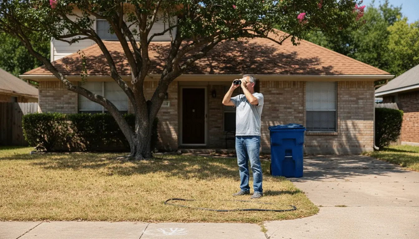 Homeowner looking up at his roof through binoculars from the front yard
