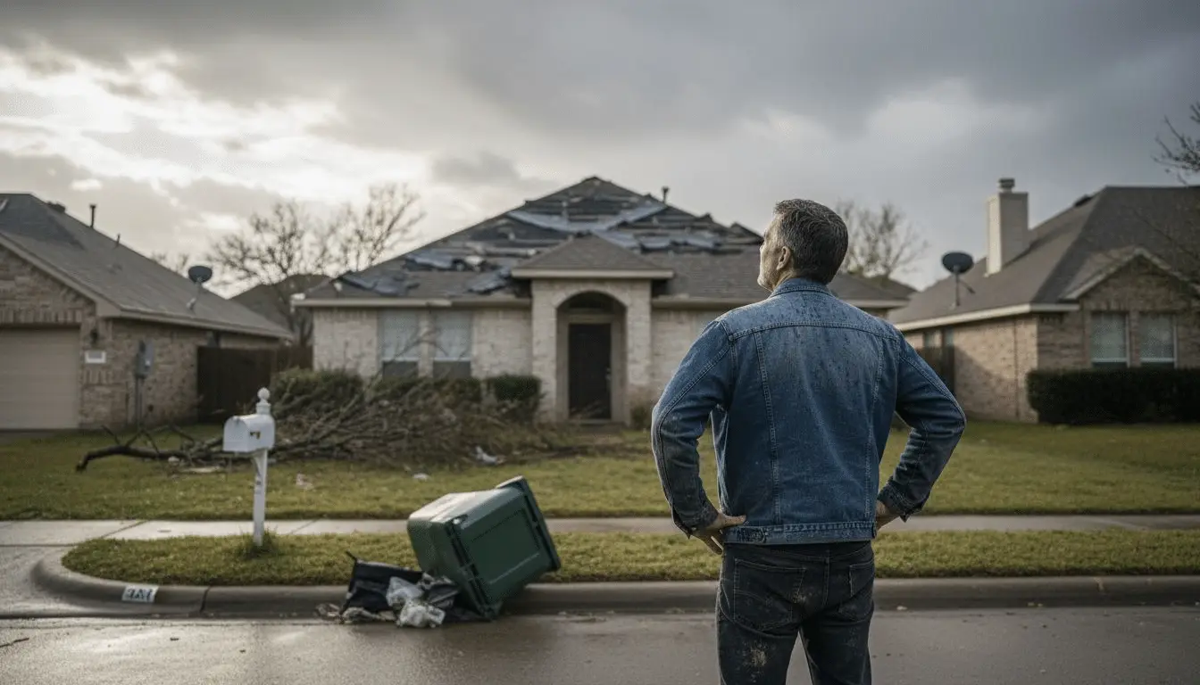 Homeowner standing in the street viewing a storm-damaged roof, fallen branches and an overturned trash bin