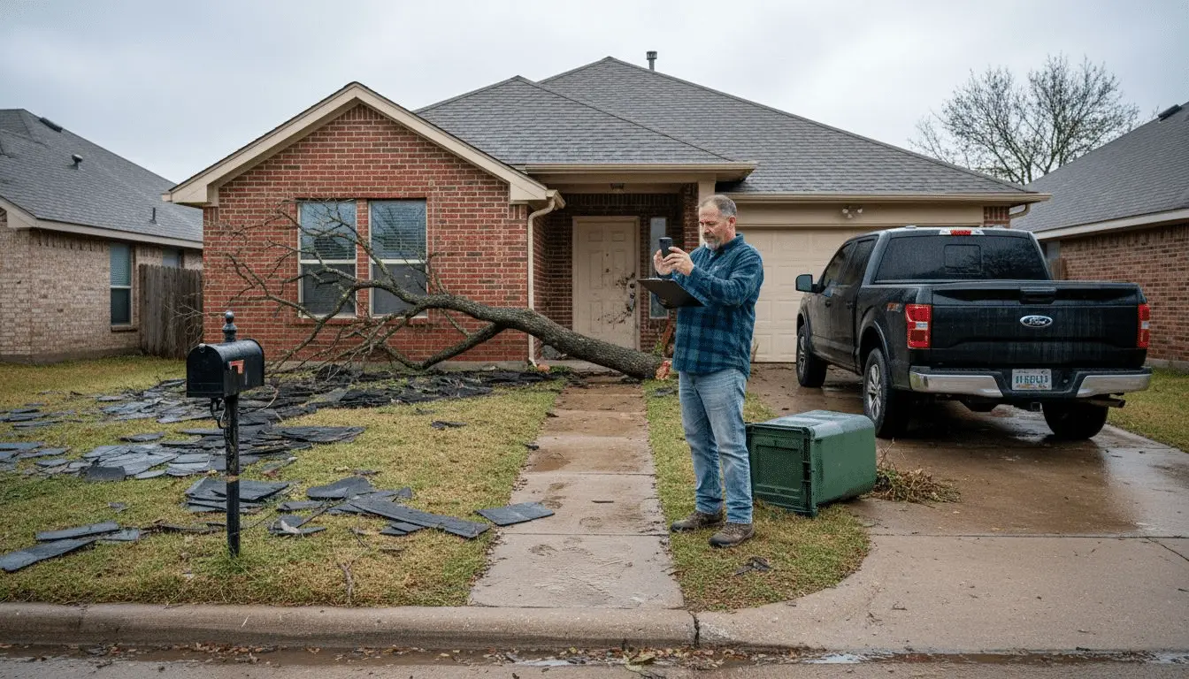 Man photographing a fallen tree and scattered shingles in front of a storm-damaged brick home