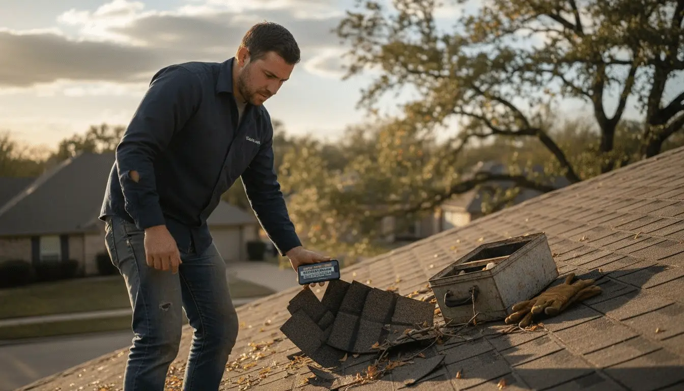 Roofer on a shingle roof beside torn shingles, a metal toolbox, and work gloves