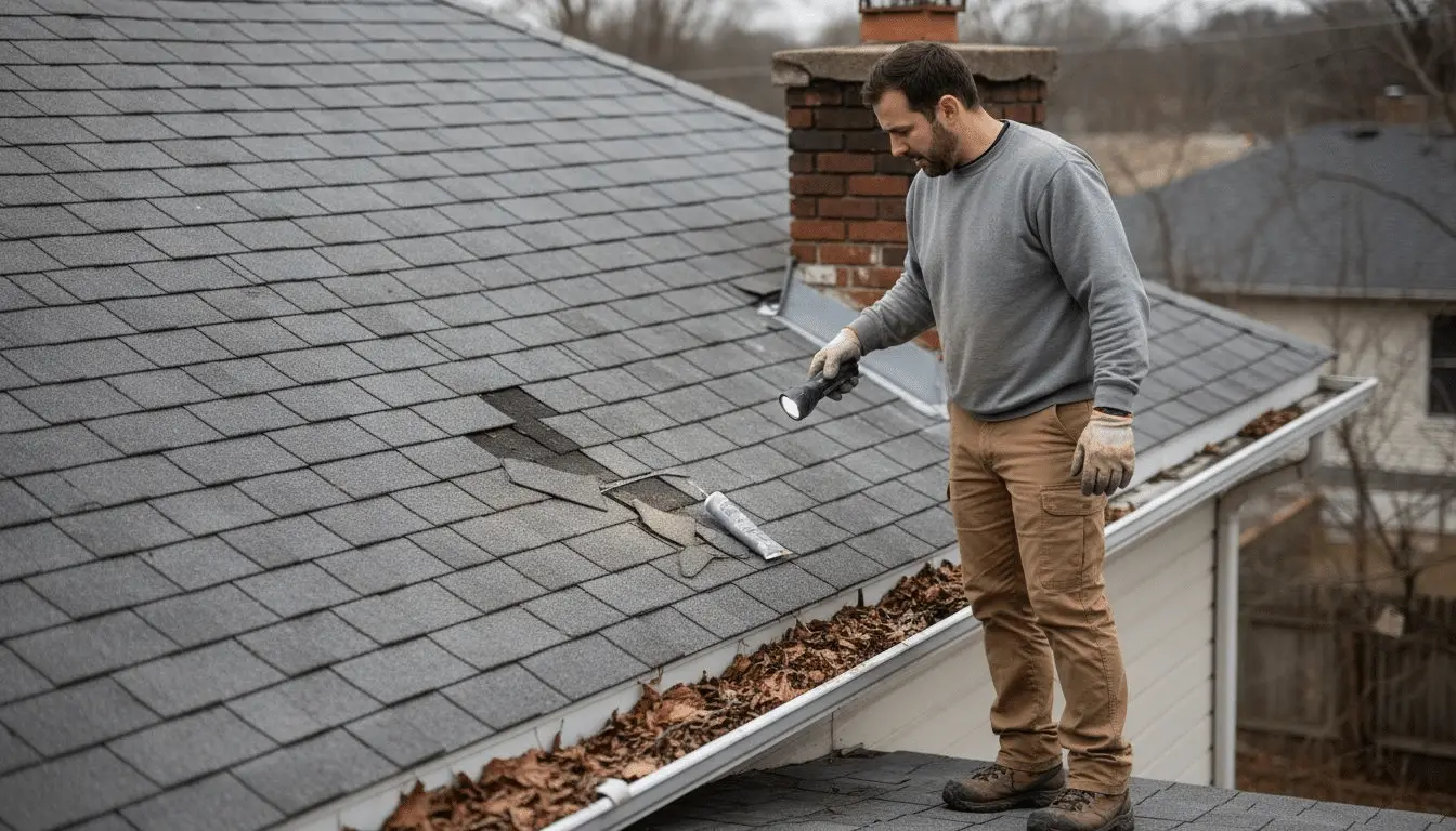 Man with flashlight inspecting a damaged shingle patch near a brick chimney and leaf-filled gutter