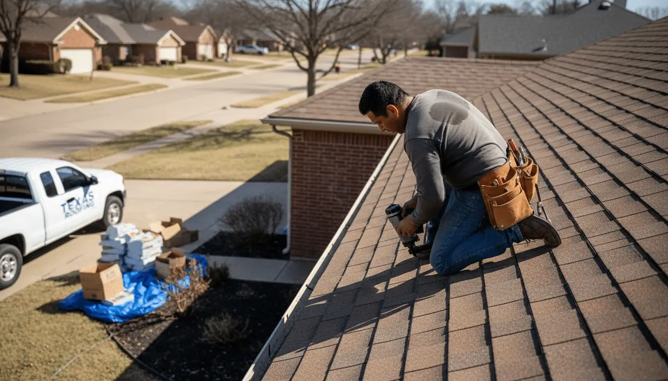 Roofer nailing shingles on a pitched roof in front of a pickup truck and material bundles