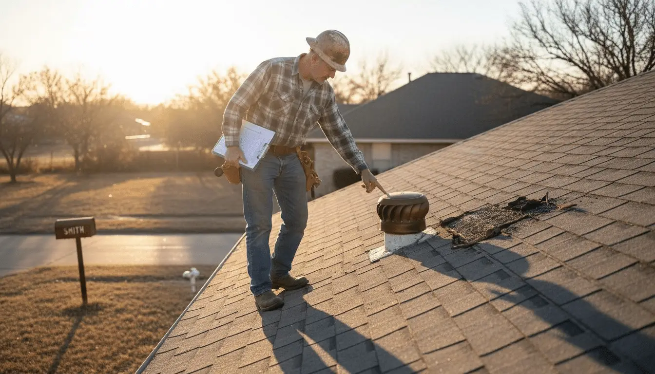 Roof inspector in hard hat examining a damaged rooftop vent on a shingle roof at sunrise
