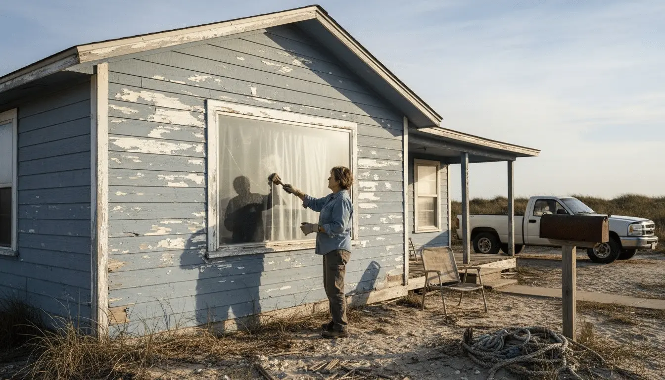 Woman checking peeling paint on blue siding of a coastal house, with a pickup truck nearby