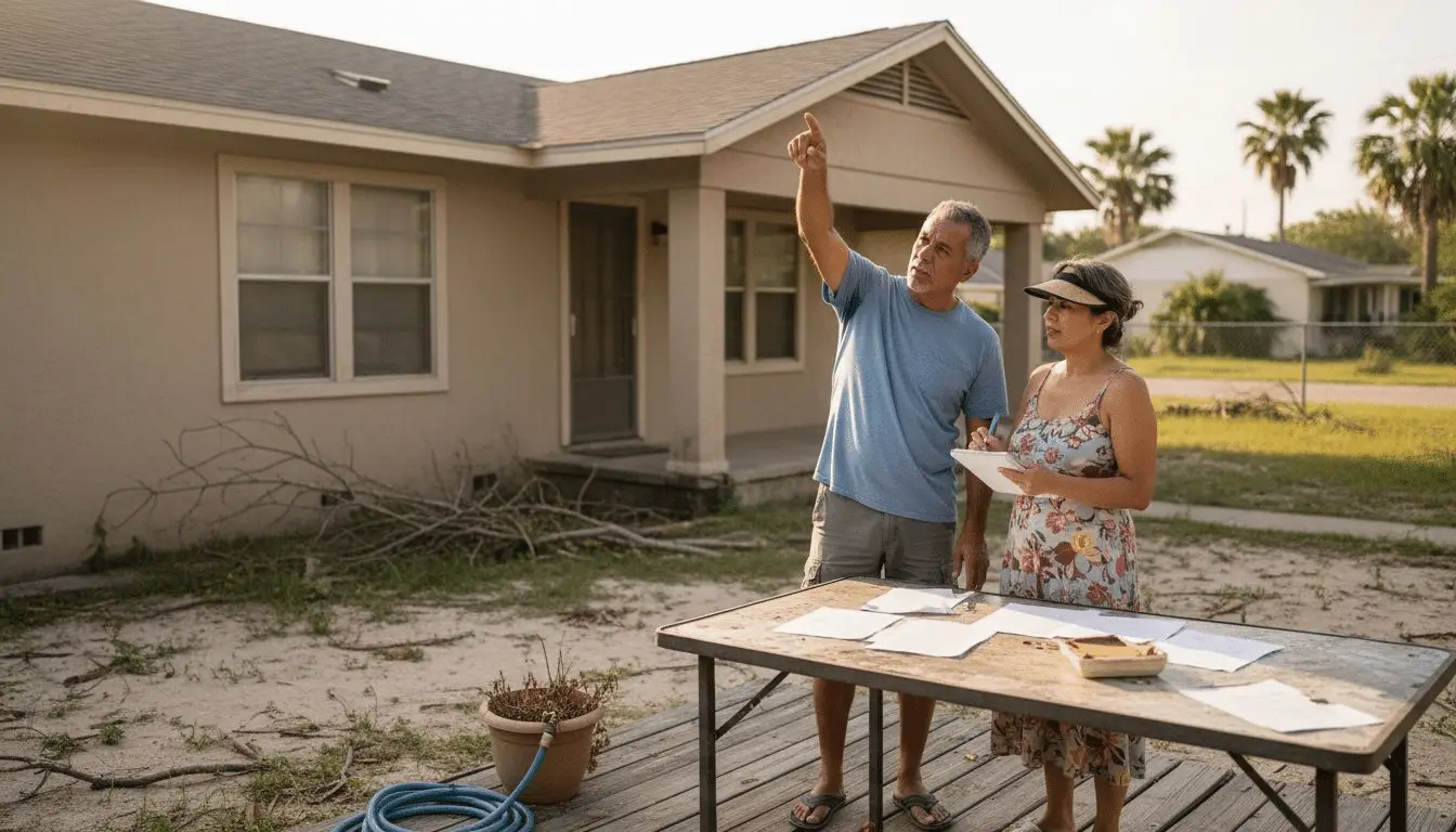 Couple outside a home pointing toward the roof with insurance papers spread on a table