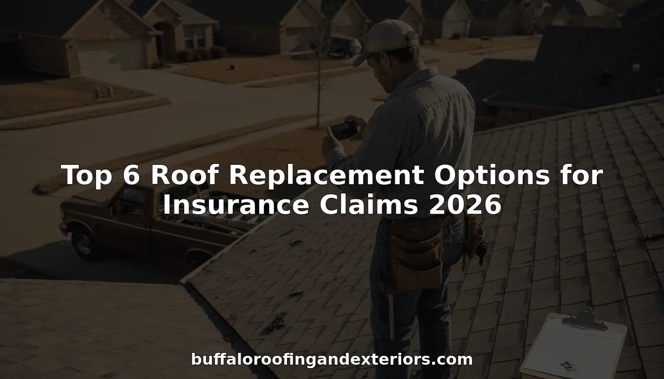 Roofer photographing roof shingles with phone, text overlay Top 6 Roof Replacement Options for Insurance Claims 2026
