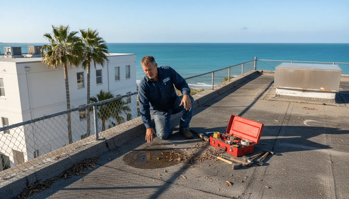 Inspector kneeling on a coastal commercial flat roof beside a puddle and open red toolbox