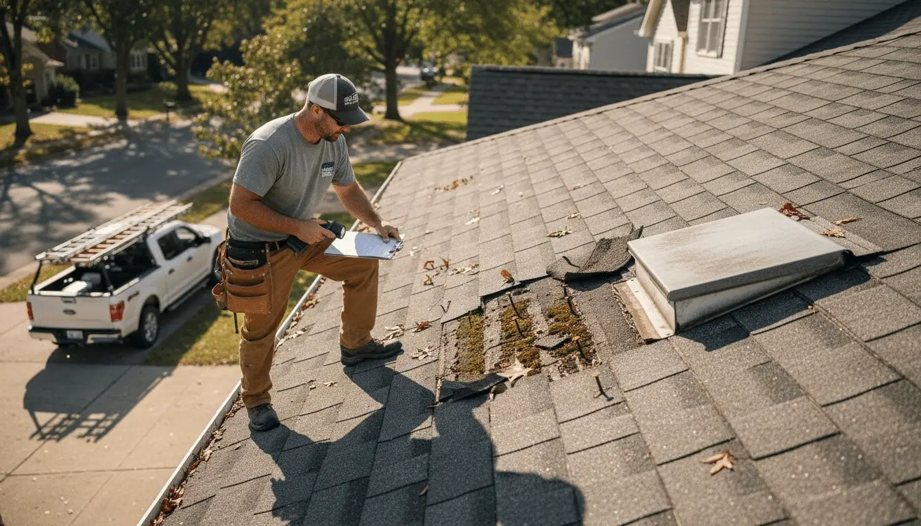 Roofer with clipboard inspecting a damaged shingle roof next to a roof vent, with a truck below