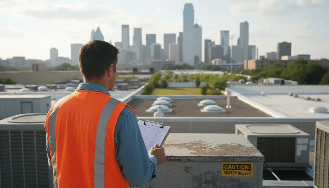 Inspector in orange safety vest holding a clipboard on a commercial rooftop with city skyline behind