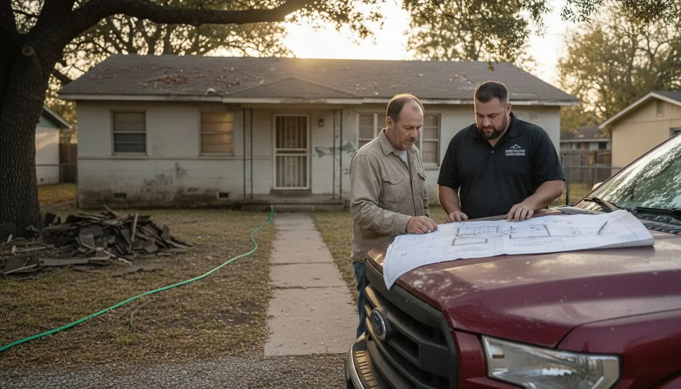 Two men reviewing roof plans on a truck hood in front of a home with torn shingle debris