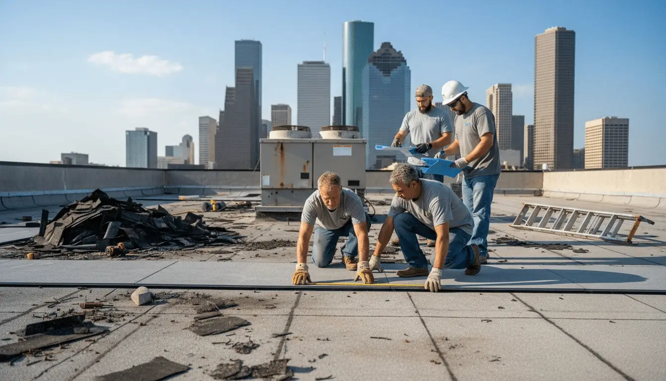 Crew installing commercial flat roof membrane on a rooftop with a city skyline behind