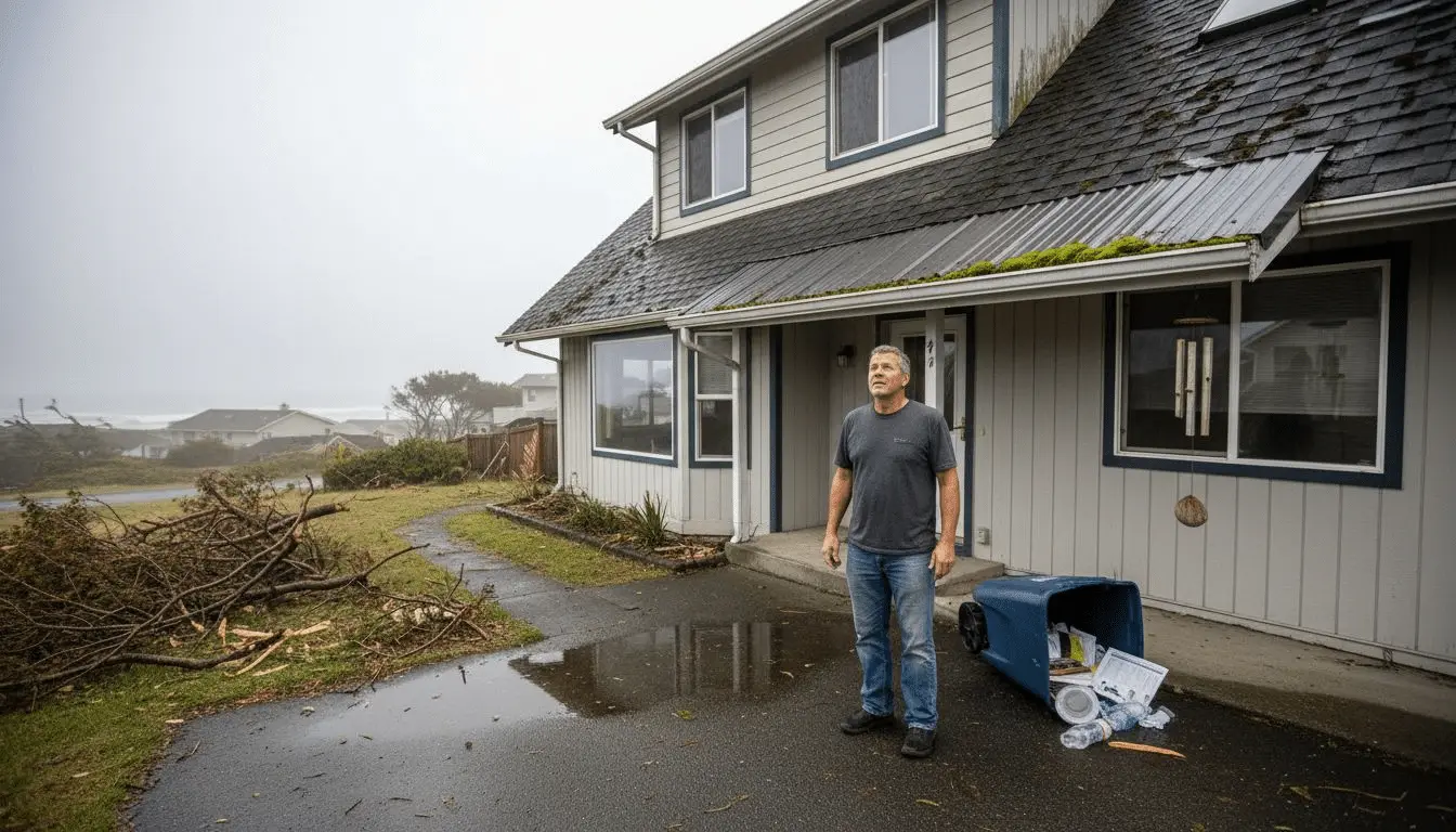 Homeowner standing outside a storm-hit house with mossy shingles, fallen branches, and spilled trash can