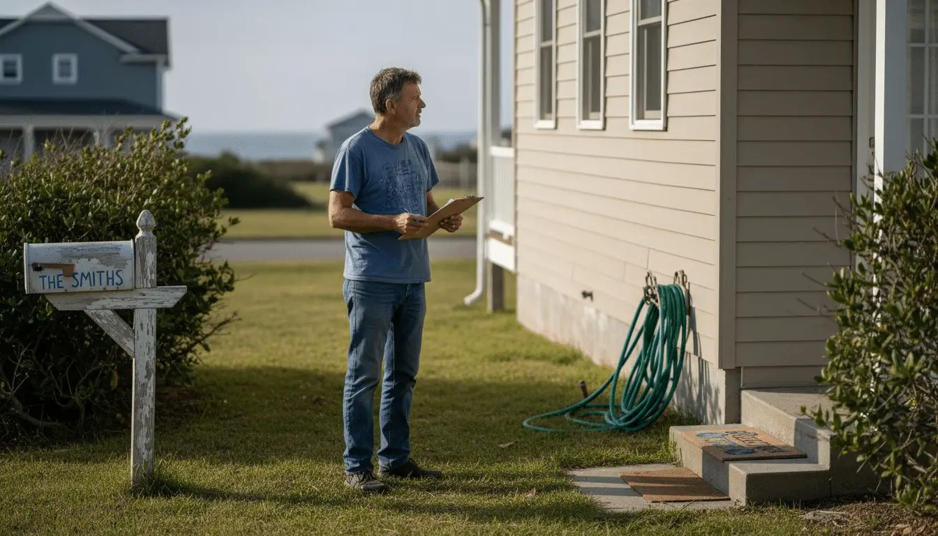 Man holding a clipboard in a front yard beside a house with siding and a coiled garden hose