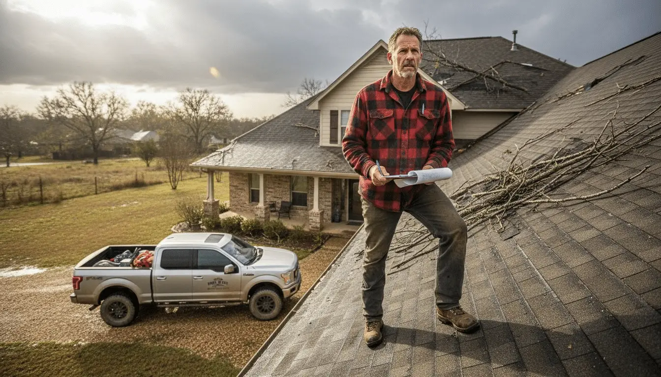 Man in plaid jacket on a shingle roof covered in fallen branches, with a pickup truck below