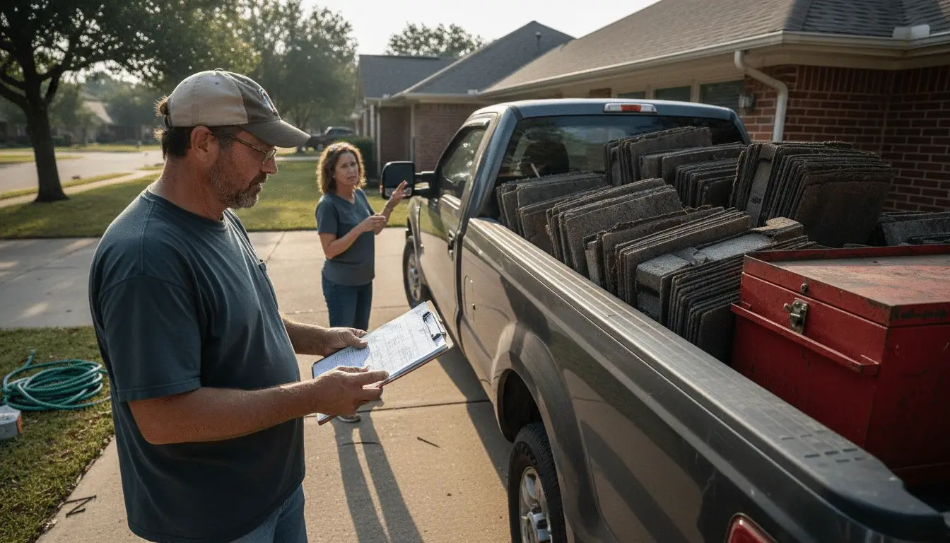 Contractor with clipboard talking to homeowner beside a pickup loaded with old shingles
