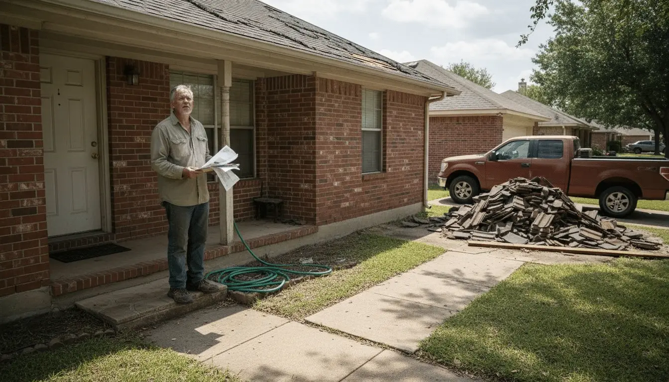 Homeowner holding insurance papers in front of a brick house with damaged roof and a pile of old shingles