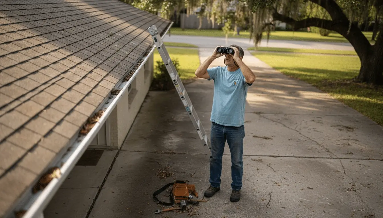 Man using binoculars to check a shingle roof and gutter, with a ladder and tool belt nearby