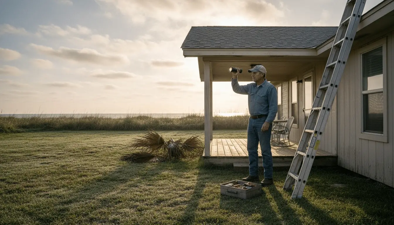 Man in cap shining a flashlight up at the roof of a coastal home beside a ladder