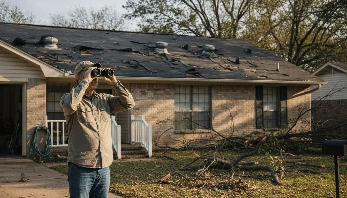 Man using binoculars to inspect a damaged shingle roof with fallen tree limbs in the yard