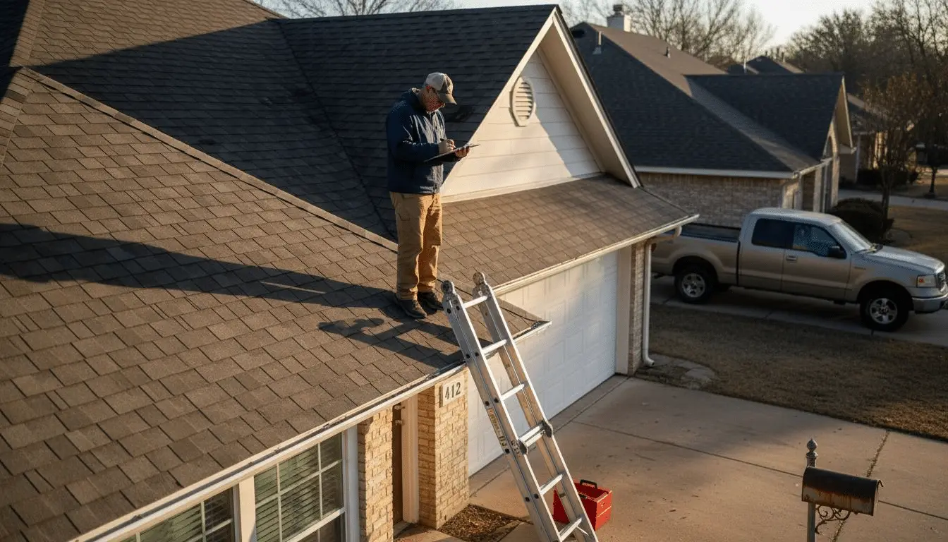 Inspector on a shingle roof taking notes near a ladder, with a pickup truck in the driveway